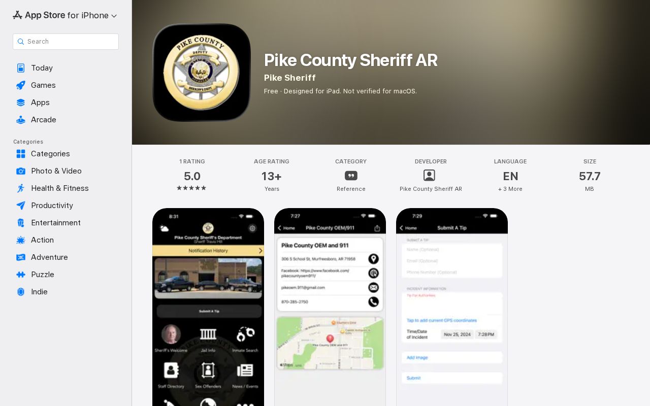 Pike County Sheriff app listing used for Delight arrest and booking access