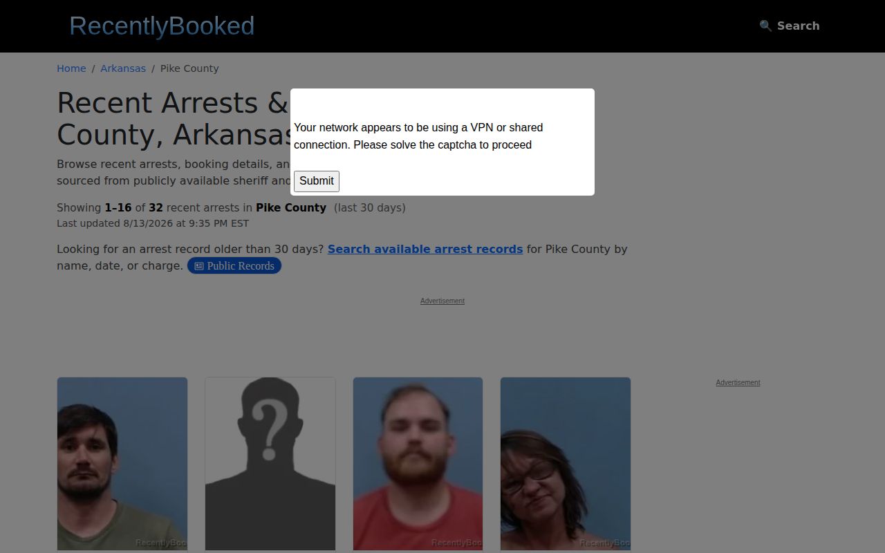 Pike County unofficial recent booking and mugshot archive interface
