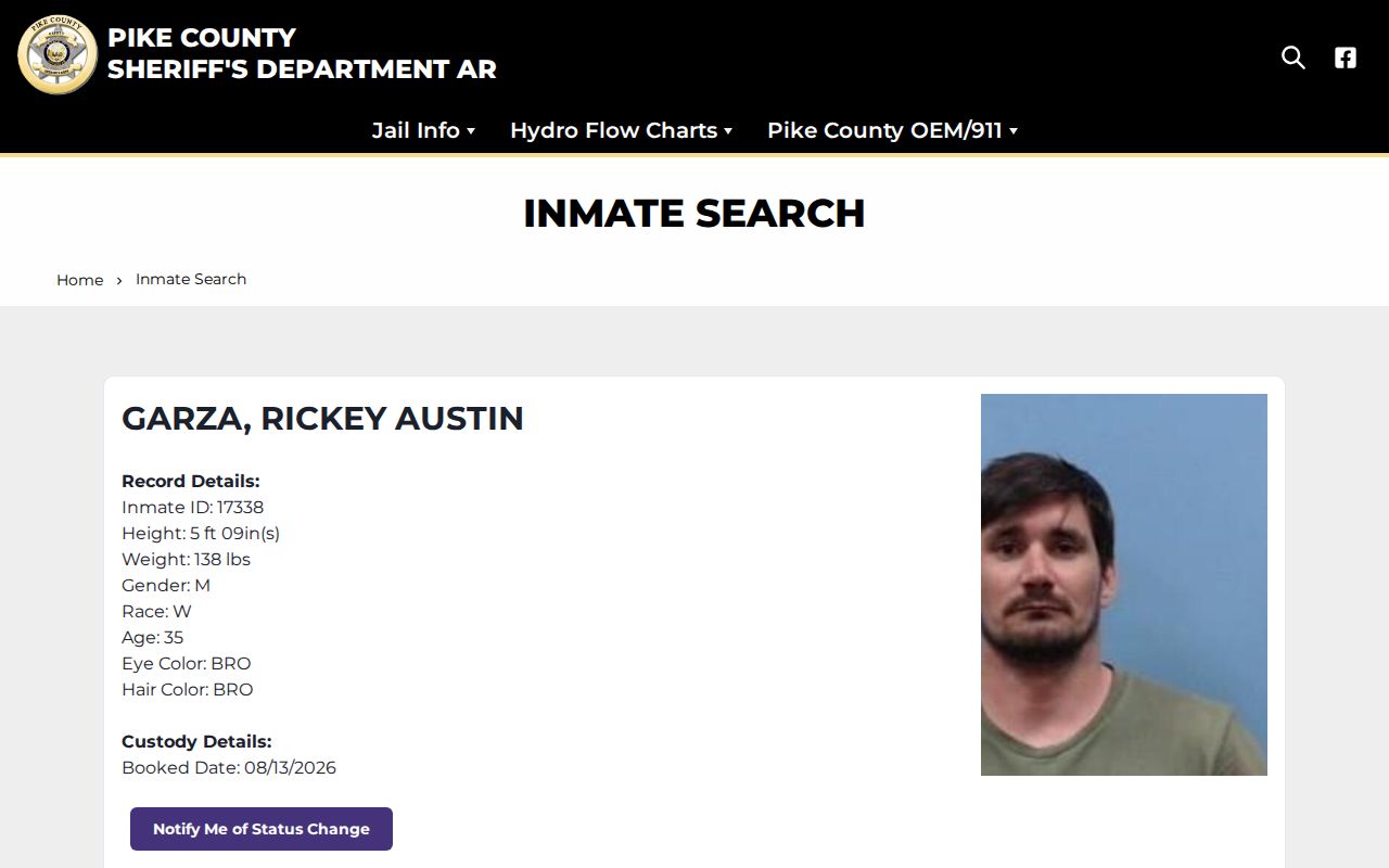 Pike County Detention Center roster and booking search interface